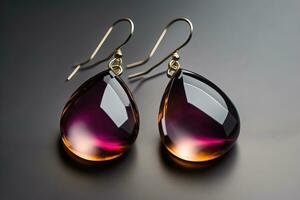 Glass earrings on a dark background close-up. ai generative photo