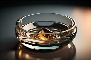 Empty glossy transparent ashtray on a dark background. ai generative photo