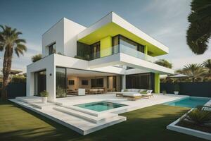modern cozy house with pool and parking, luxurious style and beautiful landscaping on background. ai generative photo
