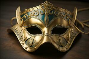 Venetian carnival mask with golden ornament on a solid color background. ai generative photo