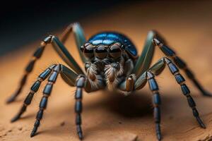 saltando araña de cerca en sólido color fondo, espacio de copia. ai generativo foto