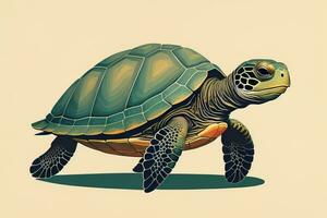 ilustración de un Tortuga en un verde antecedentes en dibujos animados estilo. ai generativo foto