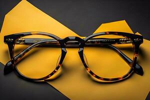 Stylish glasses on wooden table. Fashionable eyeglasses. ai generative photo