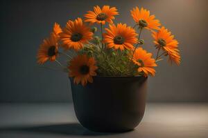 Flowers in a pot on a solid color background. ai generative photo