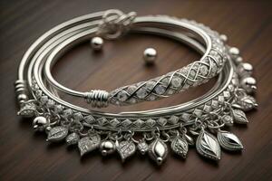 Silver necklace on a solid color background in close-up. ai generative photo