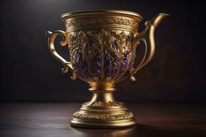 Golden trophy cup on wooden table. Award concept. ai generative photo