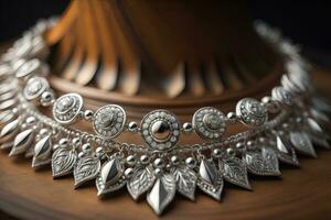 Silver necklace on a solid color background in close-up. ai generative photo