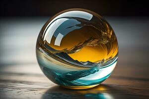 Transparent crystal ball on a wooden table. ai generative photo