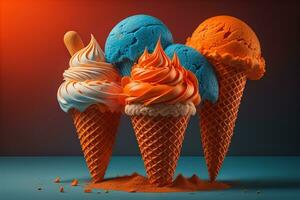Ice cream in waffle cone on blue background, top view, flat lay. ai generative photo