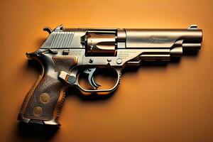 Semi-automatic handgun on a solid color background. Close-up. ai generative photo