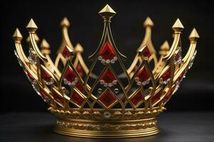 low key image of beautiful golden queen, king crown. ai generative photo