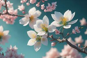 cherry blossom sakura flower on blue sky background, ai generative photo