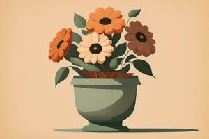 Flowerpot with daisies. Vector illustration in retro style. ai generative photo