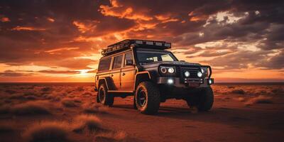 africano safari vehículo se detiene en Desierto para dramático puesta de sol. ai generado foto