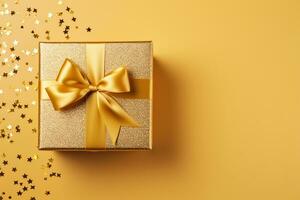 AI Generated Shiny gift boxes with golden bows on pink background. Space for text photo