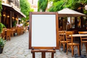 Empty white menu stand in wooden frame photo