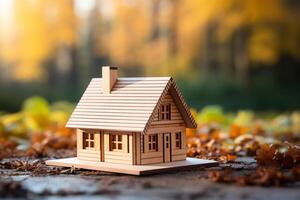 ai generated Wooden house model on wood background, a symbol for construction , ecology, loan, mortgage, property or home. photo