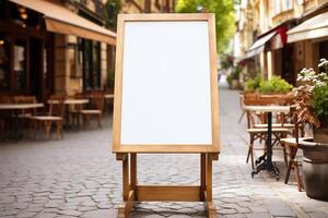 ai generated Empty white menu stand in wooden frame photo