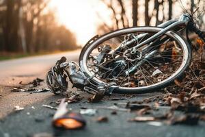 ai generated Bicycle crash road accident with broken bike and helmet. photo
