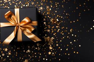 Shiny gift box with golden bow on black background. Space for text. photo