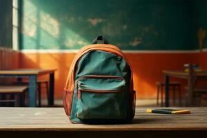 colegio mochila en mesa en salón de clases ai generado foto
