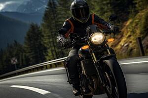 motocicleta conductor en un alpino autopista ai generado foto