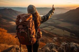 ai generado hermosa caminante en el parte superior de el montaña señalando a el puesta de sol Valle foto