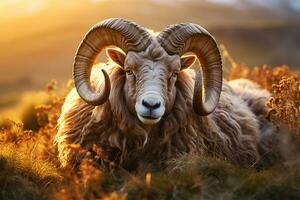 Icelandic sheep Ram with magnificent corkscrew horns laid in the grass n field in warm sunset light , Eid-al-Adha concept AI Generated photo