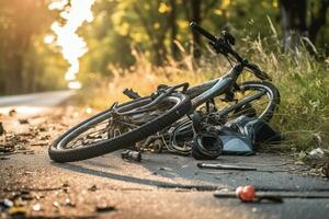 AI Generated Bicycle crash road accident with broken bike and helmet. photo