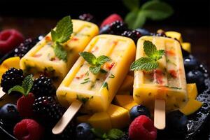 Mango banana popsicles on ice with fresh fruits and berries photo