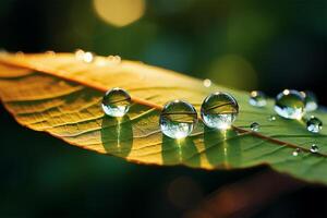 Beautiful water drops sparkle in sun on leaf in sunlight photo