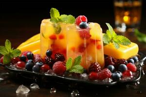 AI Generative Mango banana popsicles on ice with fresh fruits and berries photo
