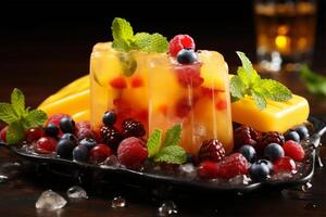 Mango banana popsicles on ice with fresh fruits and berries photo