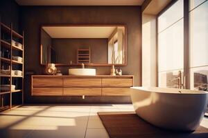 Interior 1968's of stylish bathroom with wooden cabinet, sink, bathtub and mirror Ai Generated photo