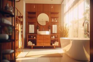 Interior 1968's of stylish bathroom with wooden cabinet, sink, bathtub and mirror Ai Generated photo