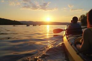 kayac, lago y personas remo un barco en verano para recreación o ocio a puesta de sol. naturaleza, ver y horizonte con personas canotaje para aventura, libertad o viaje mientras en vacaciones ai generado foto