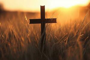 Conceptual black cross religion symbol silhouette in grass over sunset or sunrise sky  Generated photo