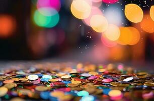 Colorful confetti in front of colorful background with bokeh for carnival Ai Generated photo