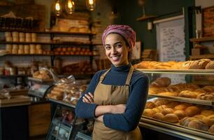 Candid shot of a proud and confident female small business owner of a neighborhood bakery with her baked good Ai Generated photo