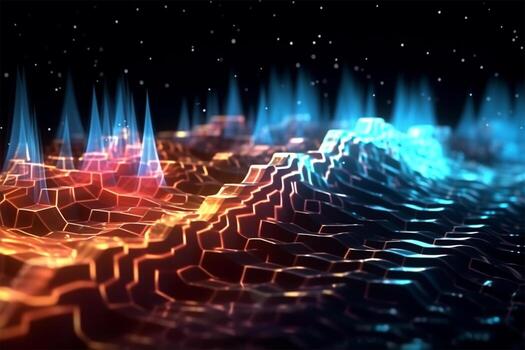 Blockchain data fields. Network line connect stream. Concept of AI technology, digital communication, Cyber big data flow science research, 3D illustration music waves 4k Ai Generated photo