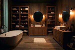interior 1968 de elegante baño con de madera gabinete, hundir, bañera y espejo ai generado foto