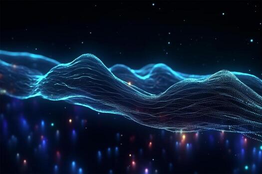 Blockchain data fields. Network line connect stream. Concept of AI technology, digital communication, Cyber big data flow science research, 3D illustration music waves 4k Ai Generated photo