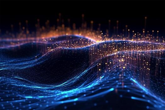 Blockchain data fields. Network line connect stream. Concept of AI technology, digital communication, Cyber big data flow science research, 3D illustration music waves 4k Ai Generated photo