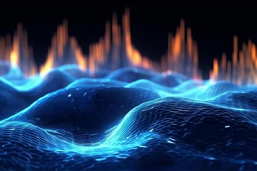 Blockchain data fields. Network line connect stream. Concept of AI technology, digital communication, Cyber big data flow science research, 3D illustration music waves 4k Ai Generated photo