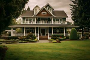 Luxury house with veranda, big tree and nice landscape Ai Generated photo