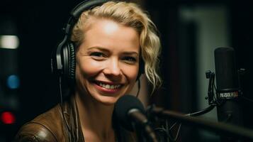 woman podcaster recording an audio podcast in a radio station or podcast studio, with a focus on her face Ai Generated photo