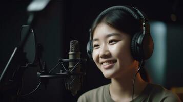 Chinese woman podcaster recording an audio podcast in a radio station or podcast studio, with a focus on her face as she talks Ai Generated photo