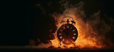 Clock on fire, clock face consumed as time burns away text copyspace banner background Ai Generated photo