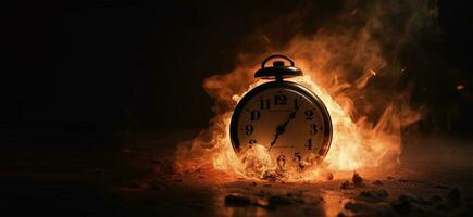 Clock on fire, clock face consumed as time burns away text copyspace banner background Ai Generated photo