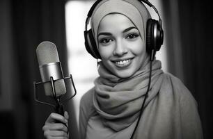 Beautiful Muslim girl wearing a hijab, dressed in a Traditional religious cloth podcaster brings her vibrant personality to the forefront while recording her audio podcast. Ai Generated photo